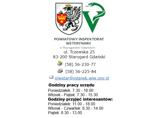 godziny przyjęć w powiatowym inspektoracie weterynarii poniedziałek od 11.00 do 18.00 od wtorku do czwartku 8.30 do 14.00 piątek od 8.30 do 13.00